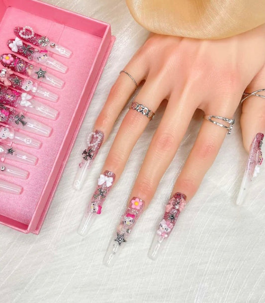 Gddsha 2025 10PCS Long Novel Design And Reusable Handmade Nails 10PCS Pmma Acrylic Nails Press OnNails Kit With Box Gifts For Women,Pink Mirage
